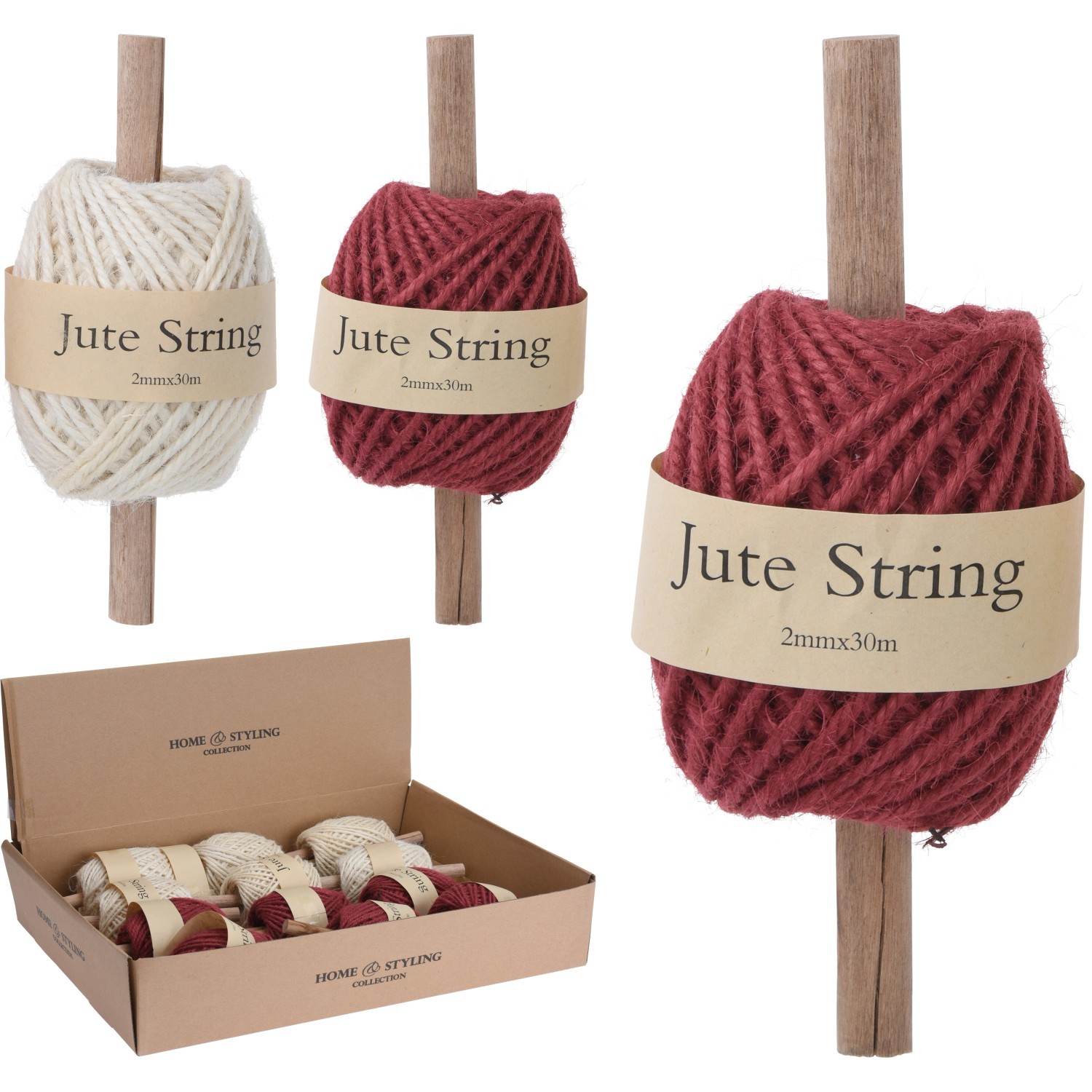 Jute-Schnur auf Stock, 30m, 2-fach sortiert, zum Verpacken von Weihnachtsgeschenken.