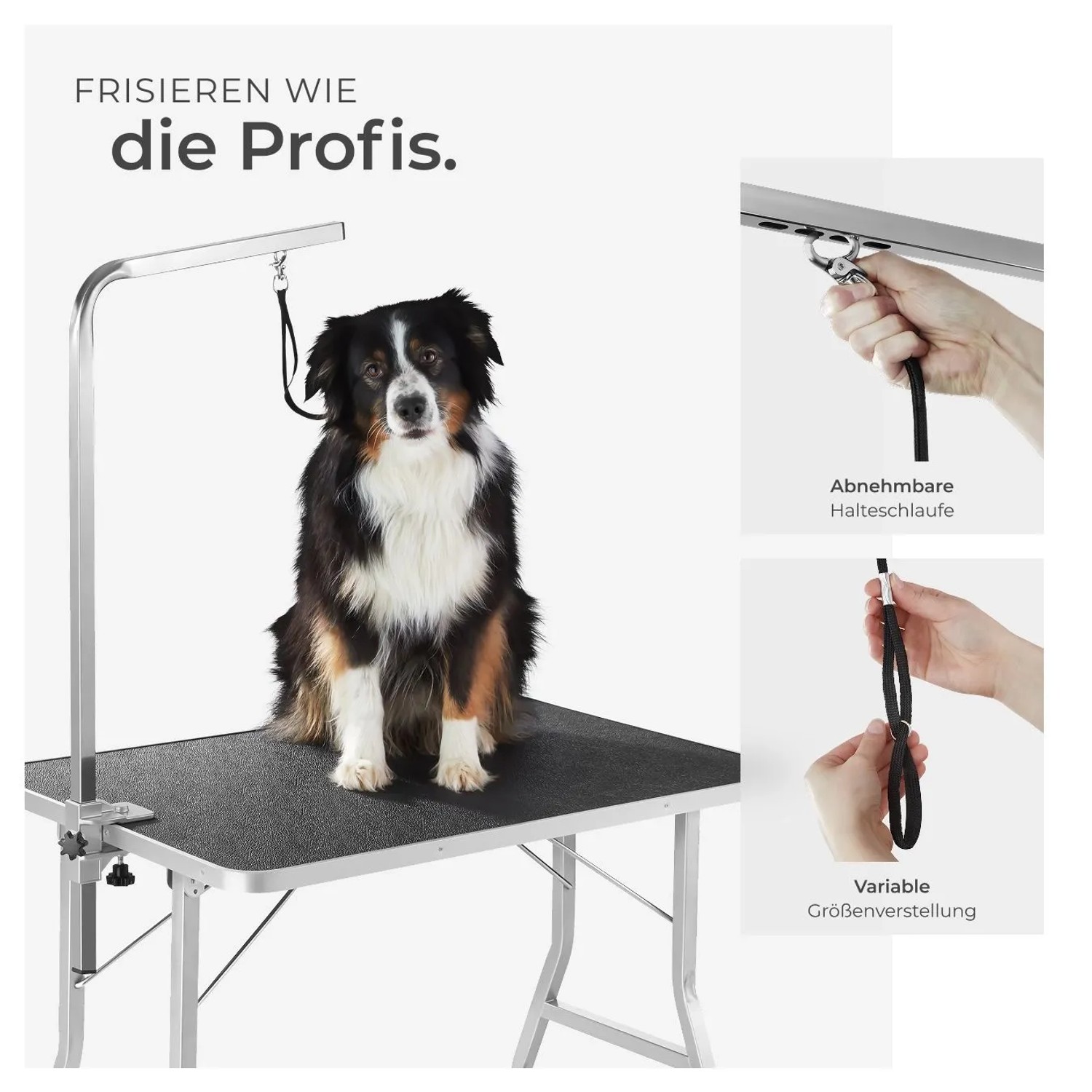 Tectake Trimmtisch mit Galgen, höhenverstellbar, klappbar, mit Hund. Ideal für die Hundefellpflege.