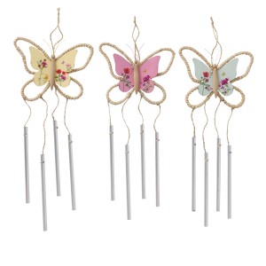 Boltze Windspiel Hippie, 3-fach sortiert, 16x40cm, Wanddeko mit Schmetterlingen in Gelb, Rosa und Grün.