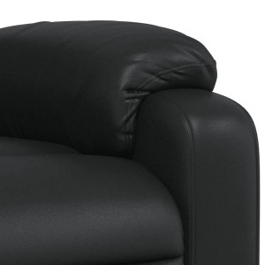 Detailansicht: Schwarzer Massagesessel aus Kunstleder, Armlehne und Kopfstütze.