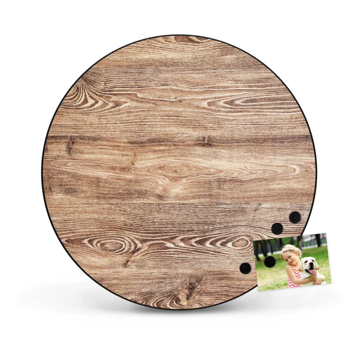 Runde, schwarze Magnettafel mit Maserung, 47cm Durchmesser. Wanddekoration, Pinnwand.