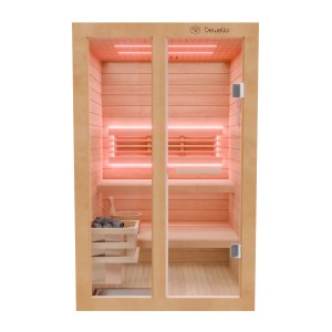 Dewello Finnische Sauna Tofino mit Harvia Ofen und Aufguss-Set, Hemlocktanne, Innenansicht mit Bänken.