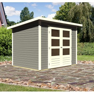 Karibu Holz-Gartenhaus Sitten 3, terragrau, mit Doppeltür und Fenstern. Ideal zur Aufbewahrung im Garten.