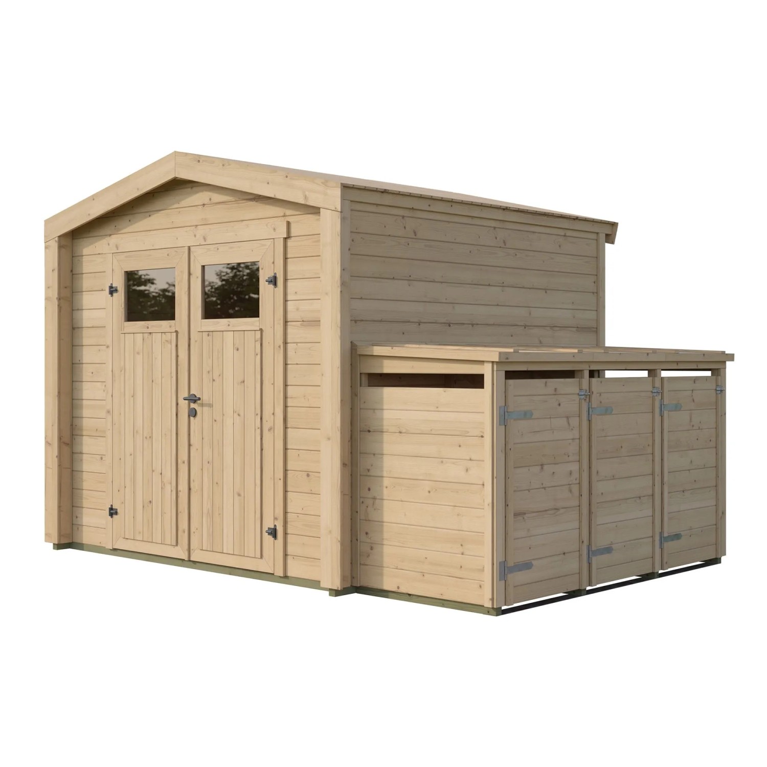 Weka Gartenhaus Killarney mit Doppeltür und 3er Mülltonnenbox, naturbelassen.
