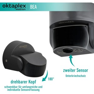 Oktaplex Bea Bewegungsmelder für Außen, anthrazit, mit schwenkbarem Sensorkopf und Unterkriechschutz.