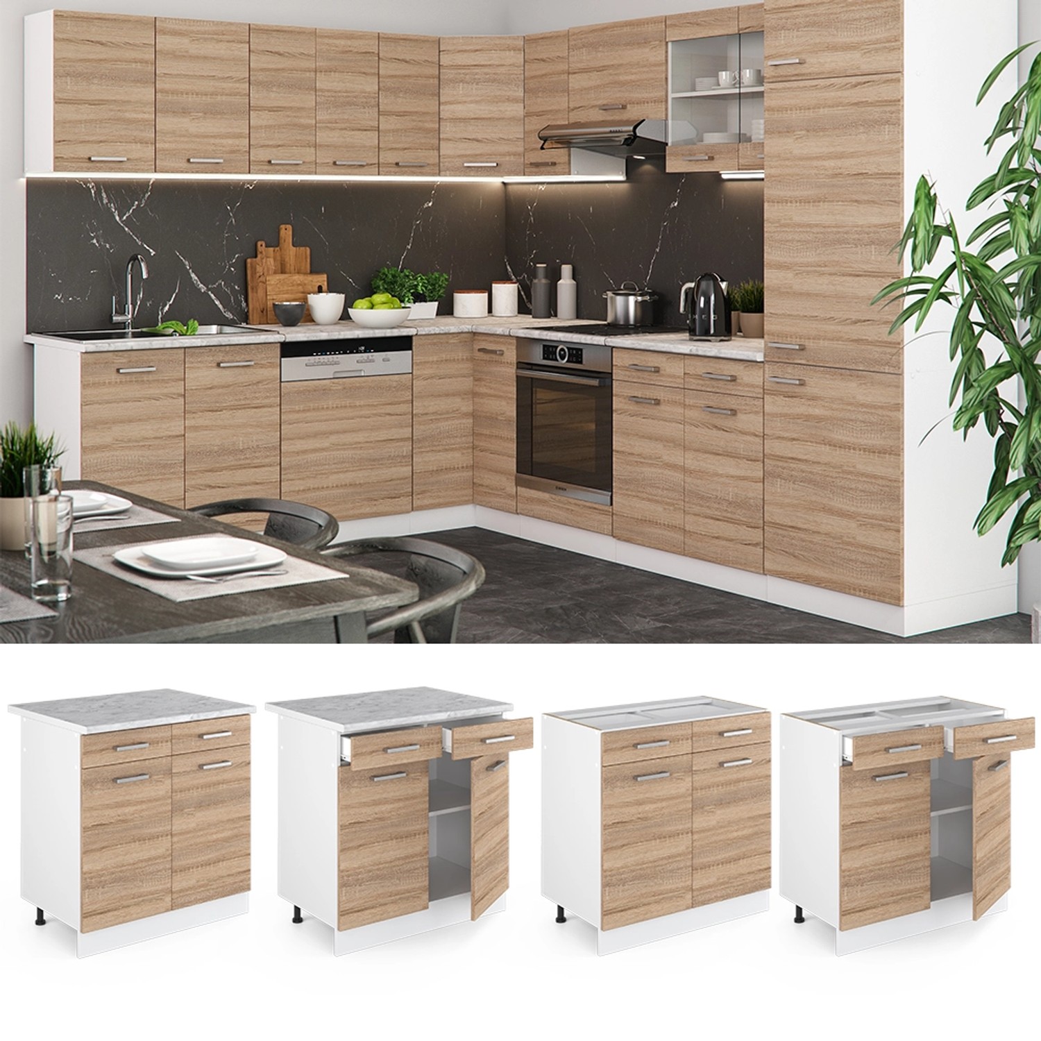 Vicco Küchenunterschrank R-Line Sonoma 80 cm, Schubladenschrank für Küche ohne Arbeitsplatte.