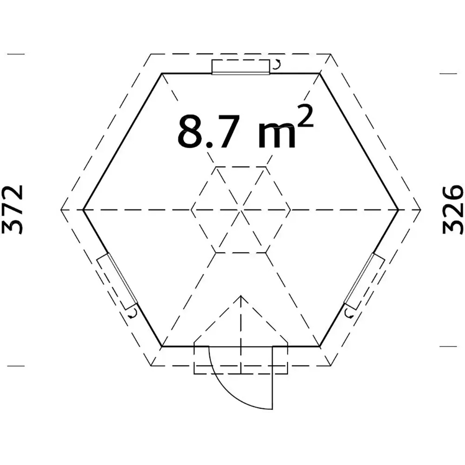 Grundriss Palmako Grillkota Eva, 8,7 m², Holz-Gartenhaus mit Tür und Fenstern, Maße 376x326 cm.