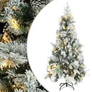 Geschmückter, beschneiter, künstlicher Weihnachtsbaum mit LEDs und Zapfen, 225 cm hoch.