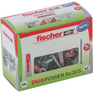 Verpackung Fischer Dübel DuoPower 6x30 mit Schrauben. Universaldübel für sicheren Halt in vielen Baustoffen.