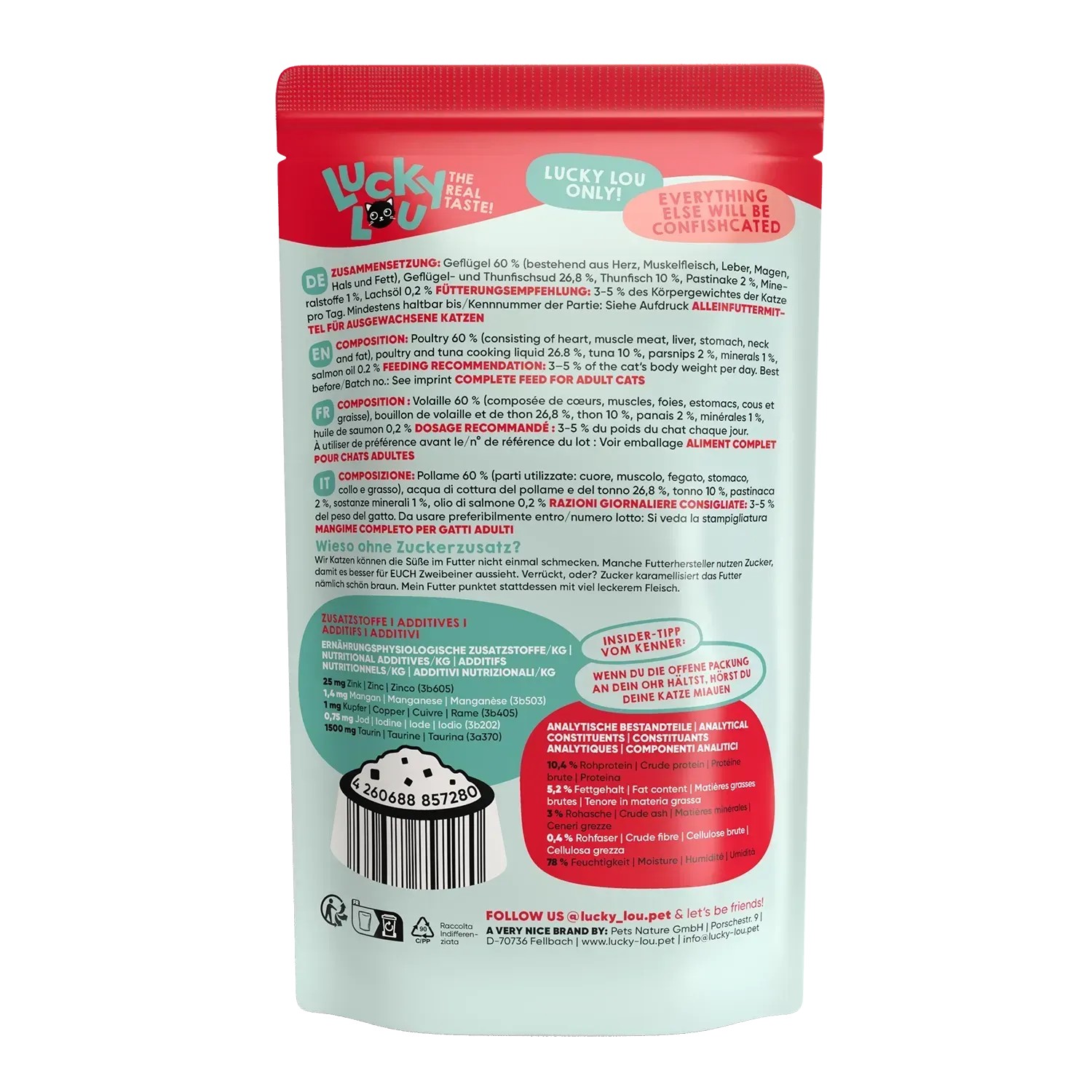 Lucky Lou Katzen-Nassfutter Adult Geflügel & Thunfisch, Detailansicht der Rückseite.