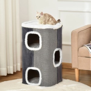 PawHut Katzenbaum Kratztonne in Grau mit 3 Ebenen, Sisalflächen und weichen Höhlen. Eine Katze sitzt oben.