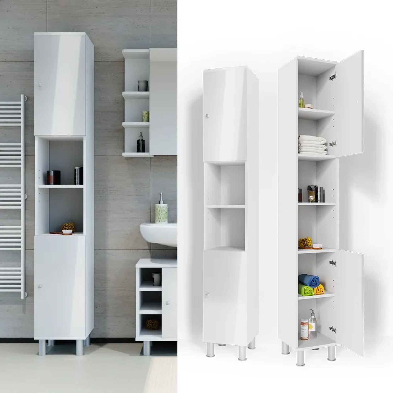 Vicco Badschrank Fynn, weiß hochglanz, 30x190 cm. Hochschrank mit offenen Fächern für Badartikel.