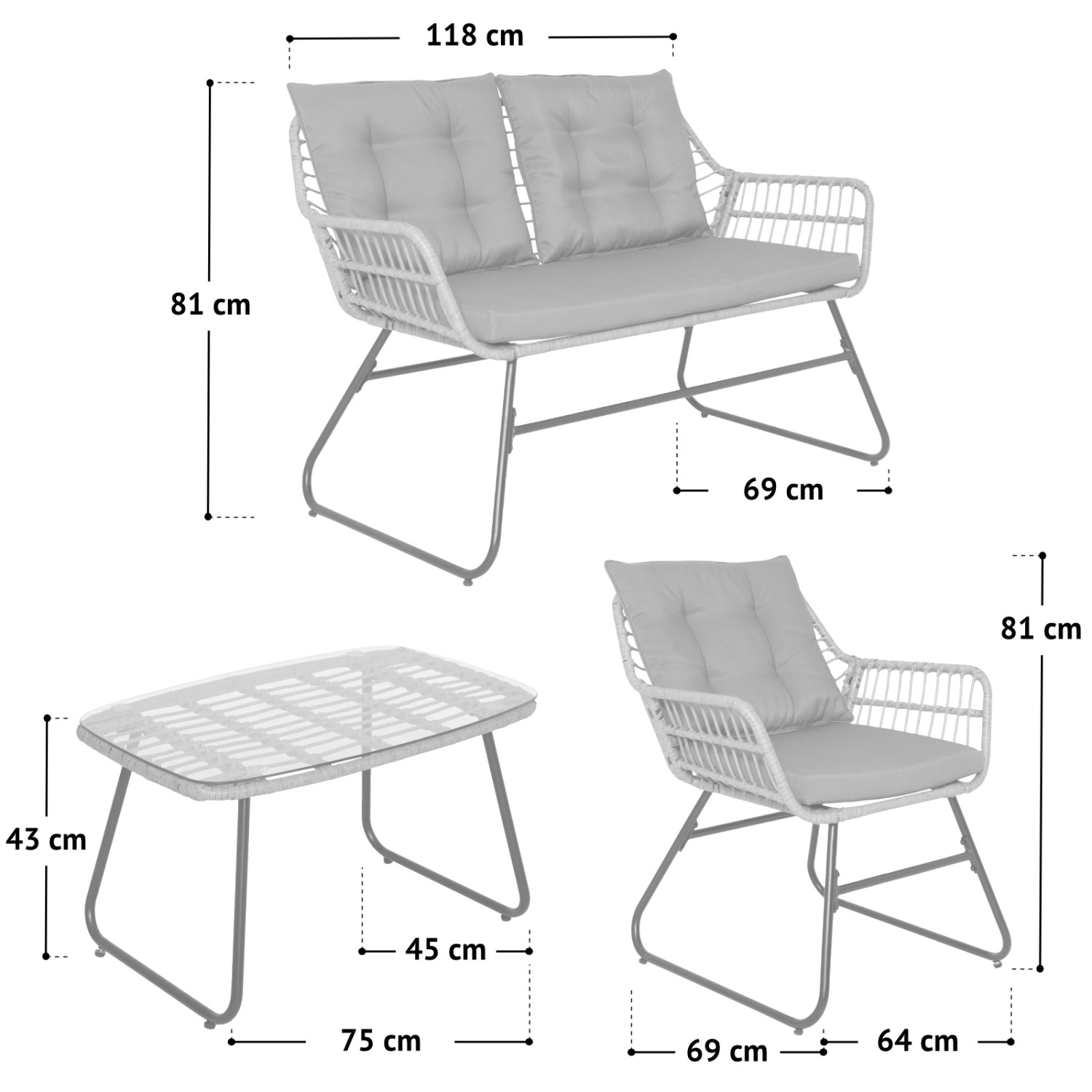 Svita Capri Balkonmöbel-Set, 4-teilig, hellgraue Polyrattan Sitzgruppe mit Tisch, Bank und 2 Stühlen, Maße eingezeichnet.