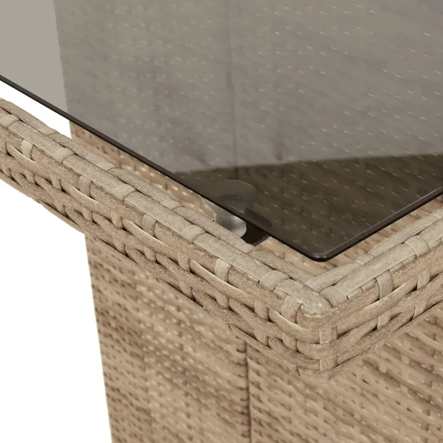 Detailansicht: Beige vidaXL Garten-Essgruppe mit Glasplatte und Poly Rattan Geflecht.
