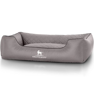 Graues Knuffelwuff Hundebett Madison XL aus Kunstleder, orthopädisches Hundekörbchen.
