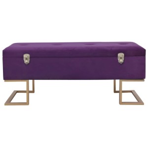 Lila Samt Bank mit Staufach und goldenen Beinen. Elegante Möbel für Wohnzimmer oder Flur.
