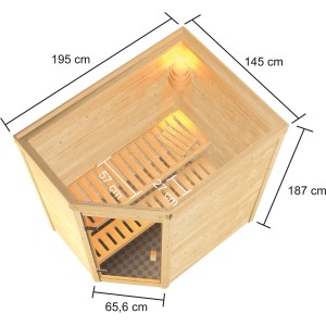 Woodfeeling Sauna Jella mit Bio-Ofen und bronzierter Glastür, Eckeinstieg. Massivholzsauna mit zwei Saunabänken.