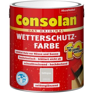 Delfingraue Consolan Wetterschutzfarbe, seidenglänzend, 2,5 l Dose. Für Holz außen, bis 10 Jahre Wetterschutz.