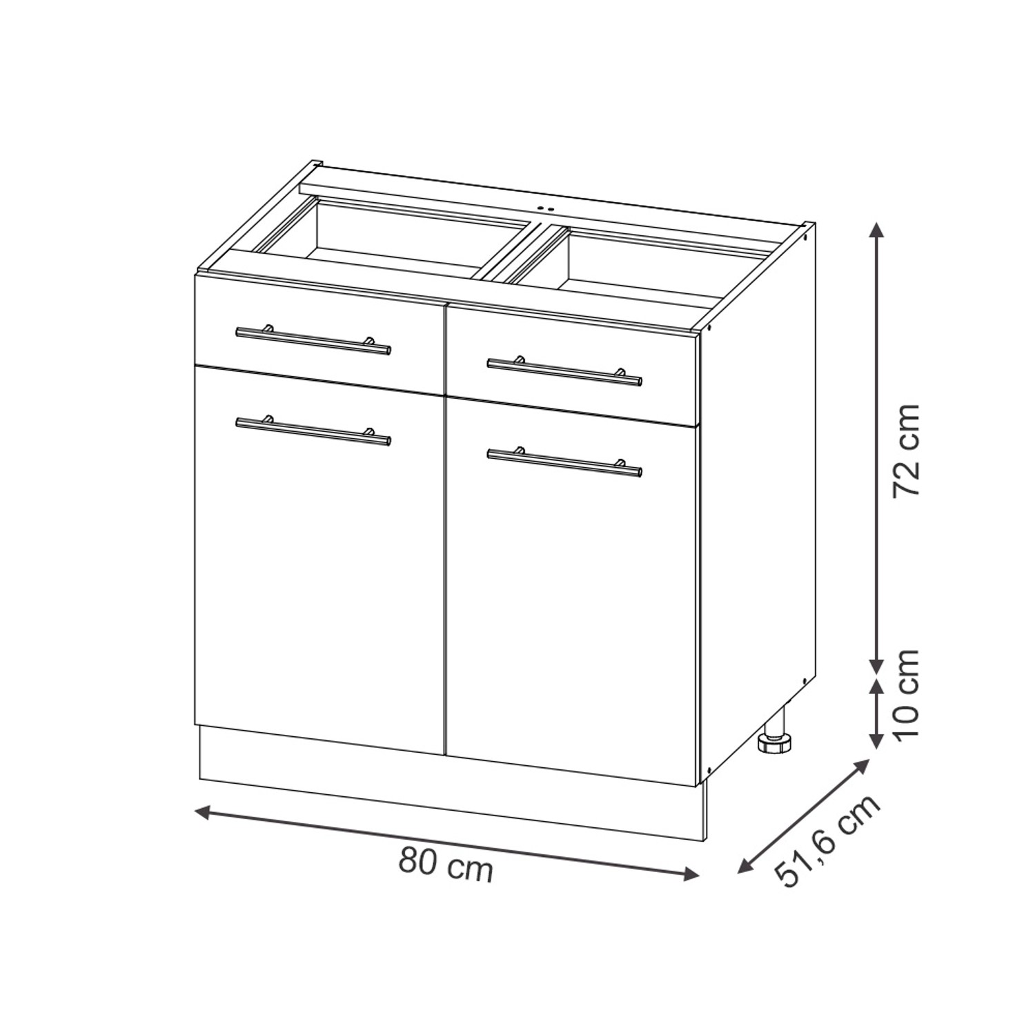 Küchenunterschrank Fame-Line, dunkelblau/weiß, 80 cm breit, mit anthrazitfarbener Arbeitsplatte.