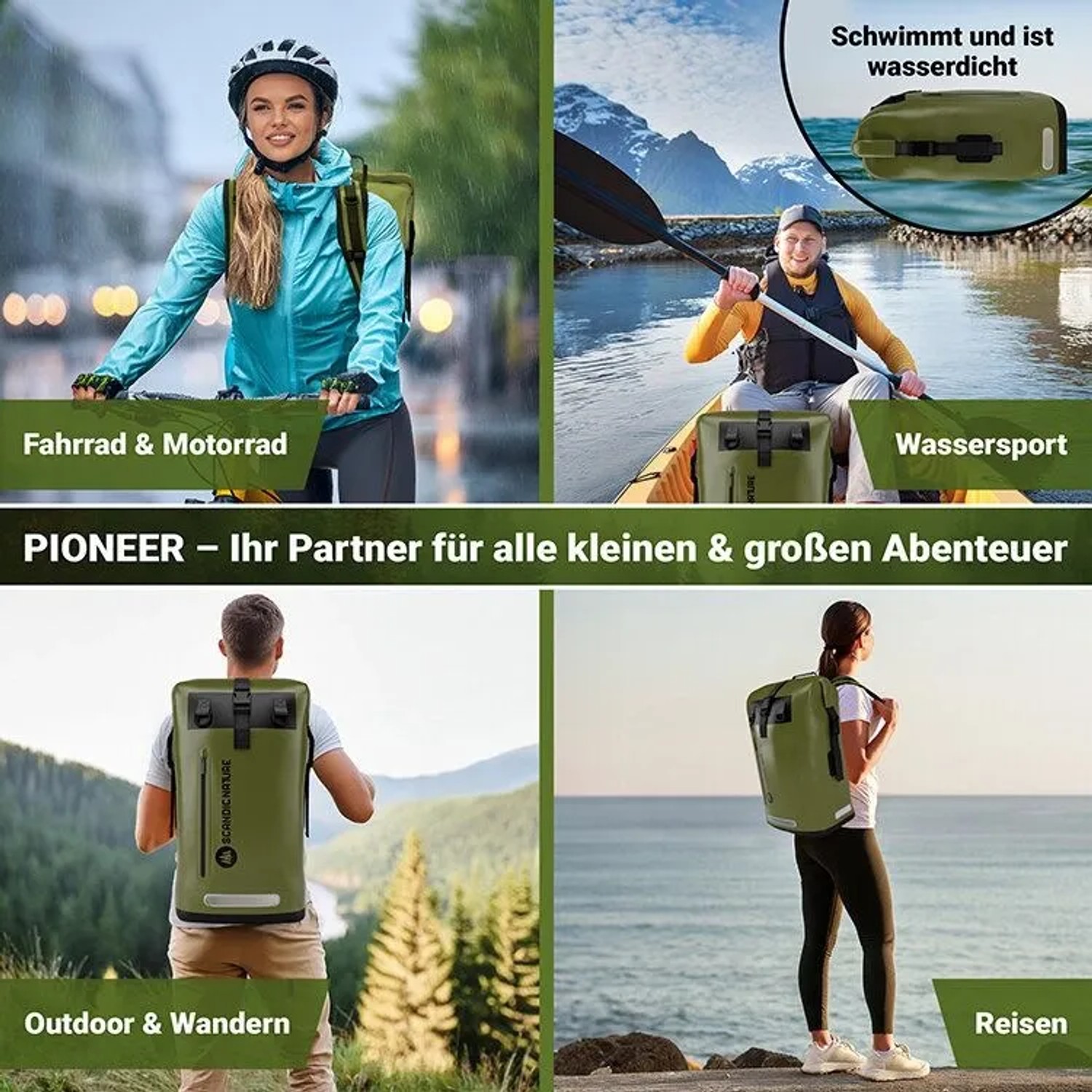 SCANDIC NATURE Pioneer Rucksack 55L, oliv, wasserdicht, für Outdoor, Reisen und Alltag.