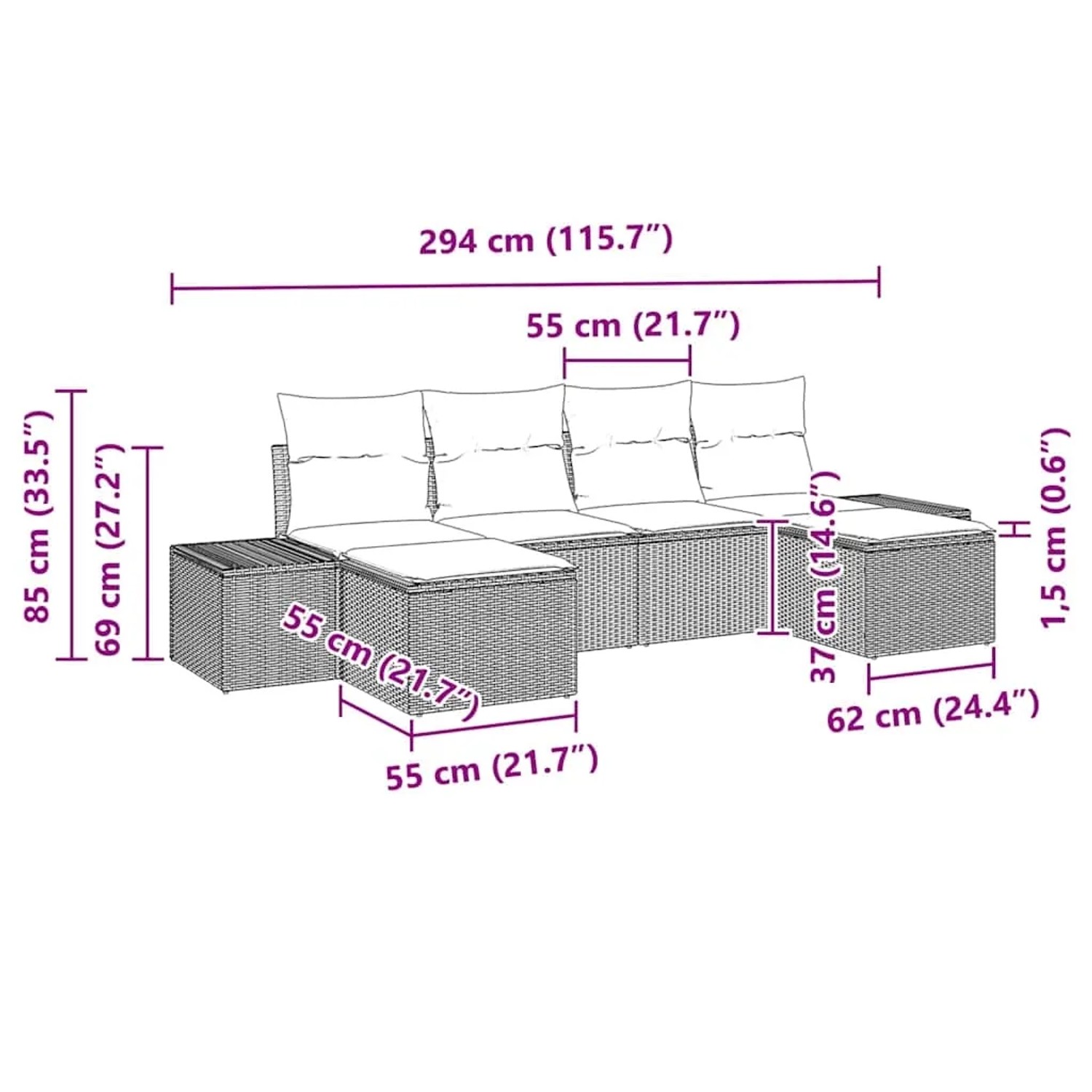 vidaXL Gartenmöbel-Set, 6-teilig, schwarz, Poly Rattan, mit Maßangaben.