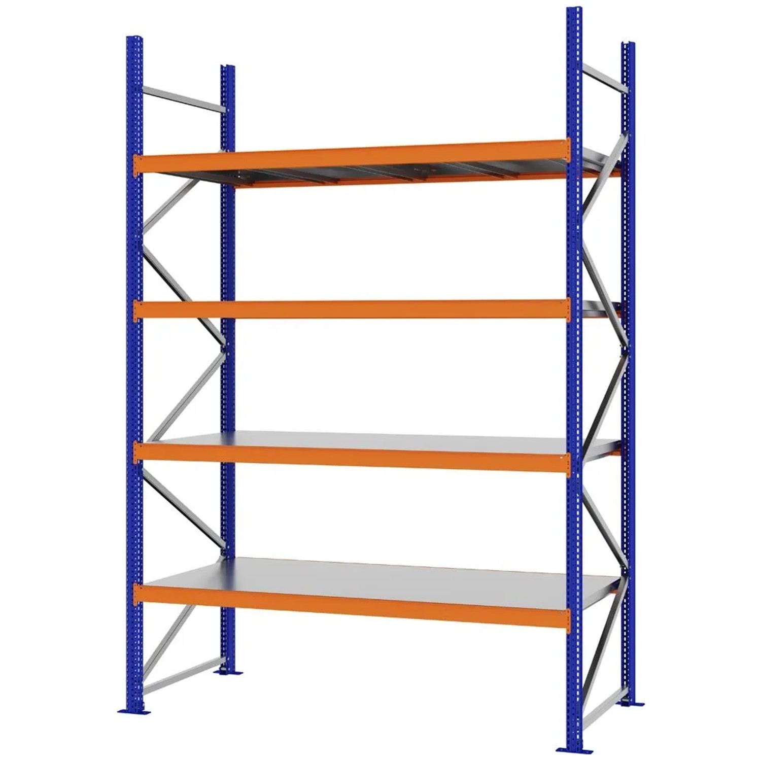 PROREGAL Weitspannregal Schraub-Stecksystem MAGNUS PRO Made In Germany Grundregal 300x200x80cm 4 Ebenen Stahlböden Fachlast 600kg Blau/Orange