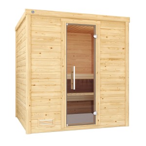 Weka Massivholzsauna Bergen mit Glastür, 7,5 kW Ofen Sparset. Fichtenholz Sauna mit Ofen und Zubehör.