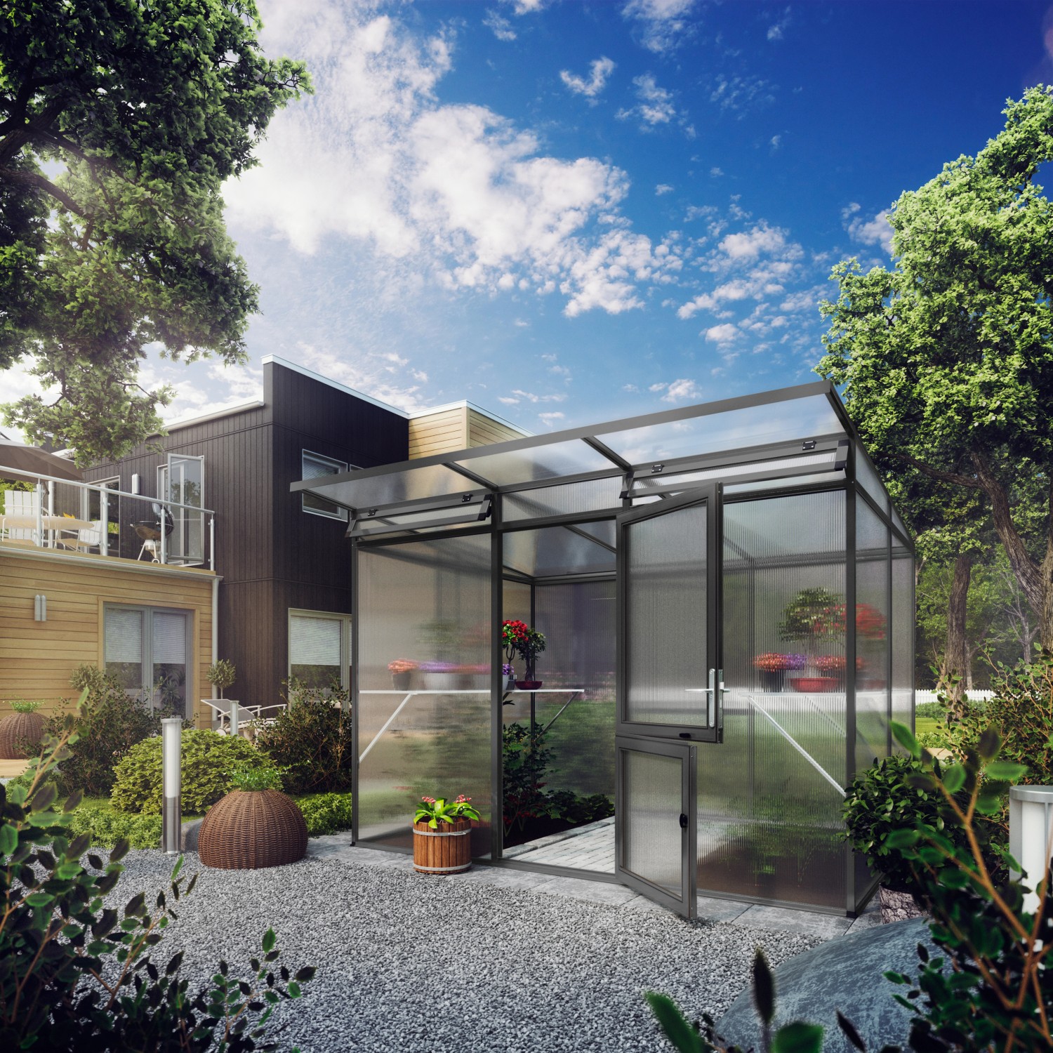 KGT Gewächshaus Linea, 6,06 m², anthrazitgrau, mit geöffneter Tür im Garten.