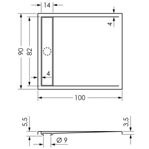 Technische Zeichnung: Steinkamp Duschwanne Living, 100x90 cm, superflach mit Ablaufrinne.