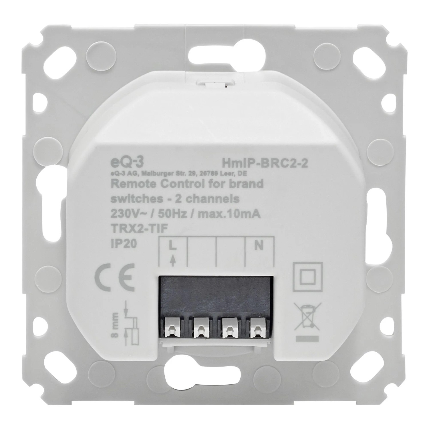 Homematic IP Wandtaster 2-fach, Rückseite des weißen Unterputzmoduls mit elektrischen Anschlüssen. Smart Home Steuerung.