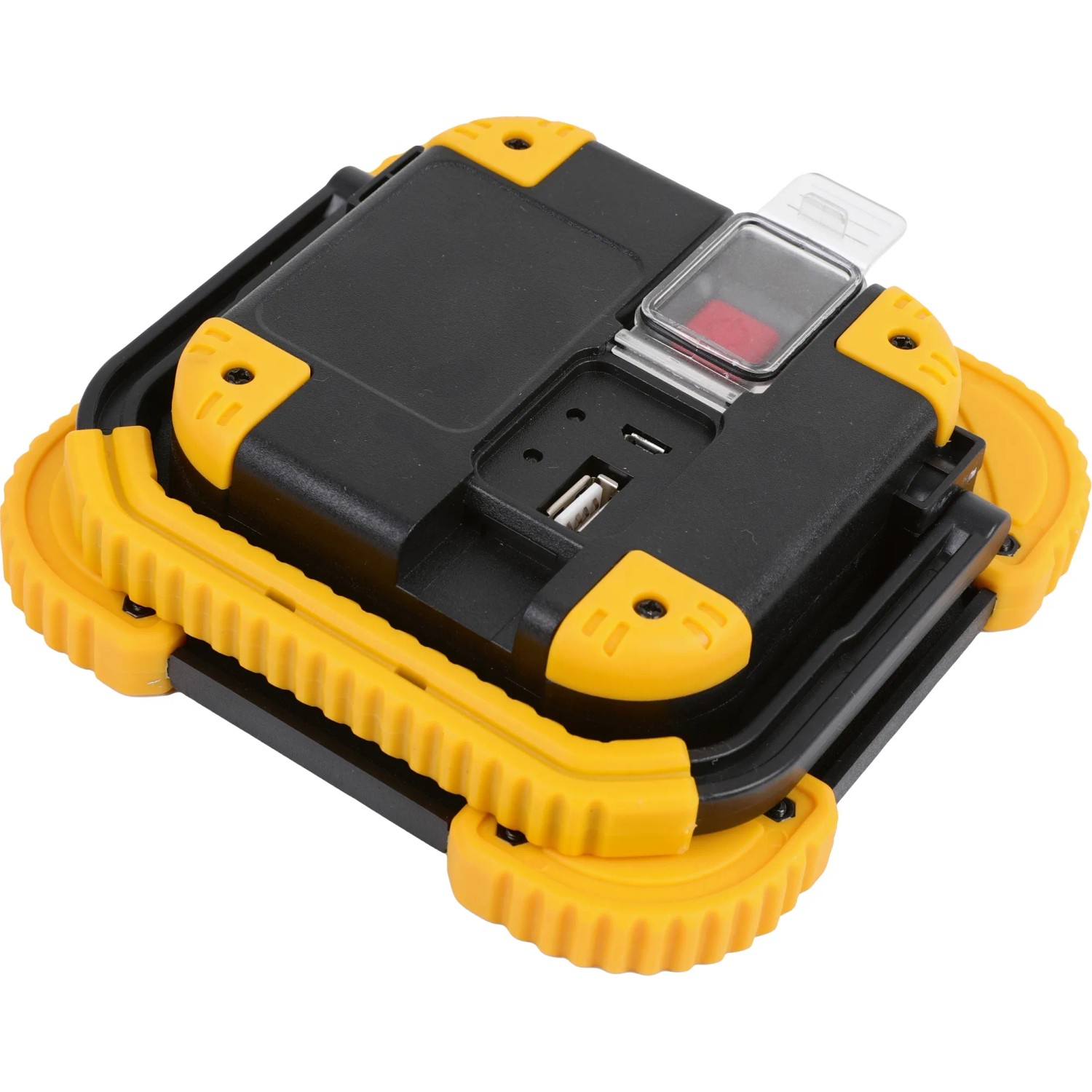 Zusammengeklappte COB-LED Arbeitsleuchte mit 600 Lumen, gelb-schwarz, mit USB-Anschluss.