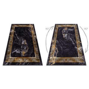 Schwarzer RugsX Miro Teppich aus Polyester mit gold-beigem Marmormuster und Mäander-Bordüre.