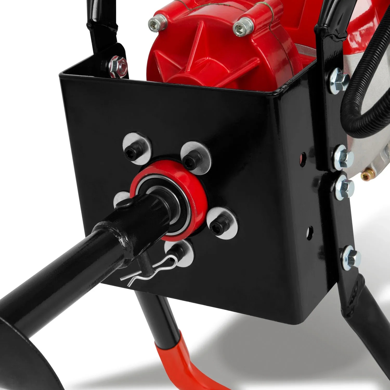 Detailaufnahme EBERTH Erdlochbohrer mit Bohreraufnahme und Motor. Baumaschine für Garten- und Landschaftsbau.