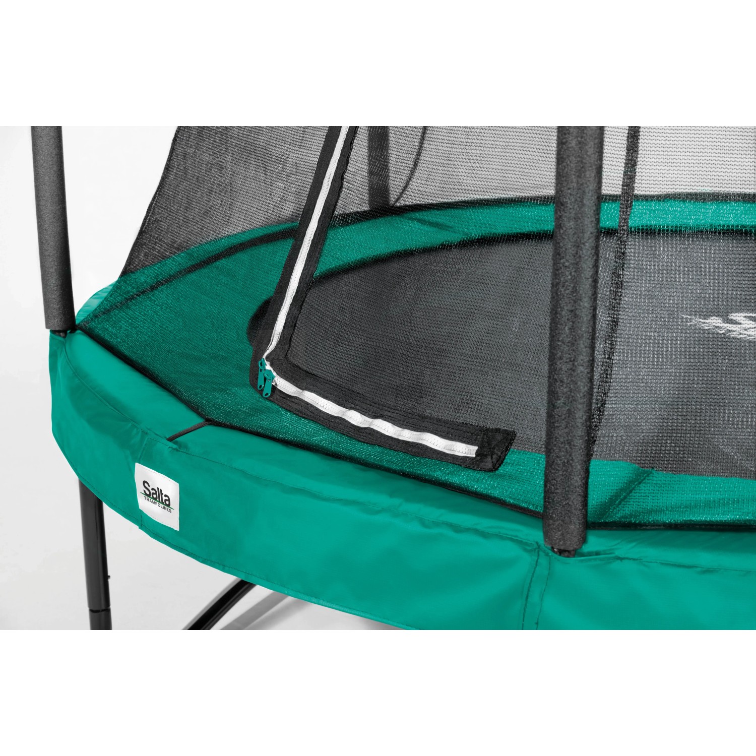 Detailansicht des grünen Salta Comfort Trampolins (Ø 183 cm) mit Sicherheitsnetz.