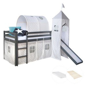 Homestyle4u Kinderhochbett 90x200 Grau mit Lattenrost Rutsche Matratze 2788