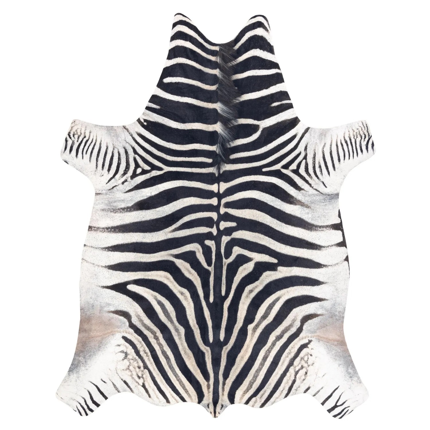 Dekorativer Teppich in Zebra-Muster, weiß-schwarz. Kunstfell-Imitat für Wohnräume.