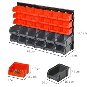 DURHAND Wandregal mit 30 Boxen in Grau und Rot, ideal zur Werkzeug- und Kleinteile-Lagerung.
