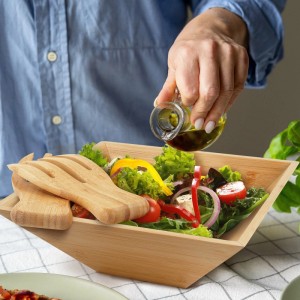 Relaxdays Salatschüssel Bambus Natur 2 Serviergabeln 10 x 28 x 28 cm 760 g