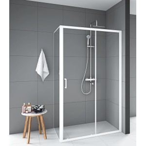 Aurlane Glasdusche Factory Front, 80x120x200 cm, mit weißem Rahmen und Schiebetür.