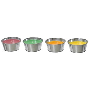 Citronella Kerzen in Metallschalen, 4 Farben: Rot, Grün, Orange, Gelb. Duftkerzen für Garten und Terrasse.
