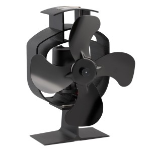 Schwarzer Valo Ofenventilator, stehend, mit drehendem Rotor zur Wärmeverteilung.