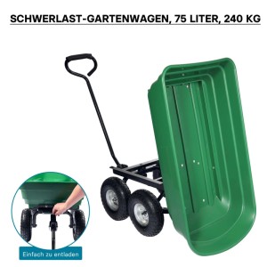 Grüner Gartenwagen mit Kippfunktion, 75 l Fassungsvermögen und 240 kg Tragkraft.