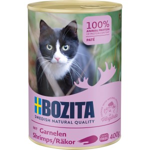 Bozita Katzen-Nassfutter mit Garnelen, 400g Dose mit Katzenmotiv.