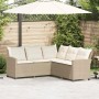 Beiges L-förmiges Couchsofa aus Poly Rattan mit Kissen für den Garten.