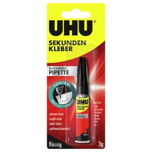 Uhu Sekundenkleber Blitzschnell Pipette, 3g, für präzises Kleben fast aller Materialien.