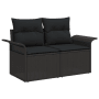 Schwarzes 2-Sitzer Gartensofa aus Poly Rattan mit Kissen, Teil eines modularen vidaXL Gartenmöbel Sets.
