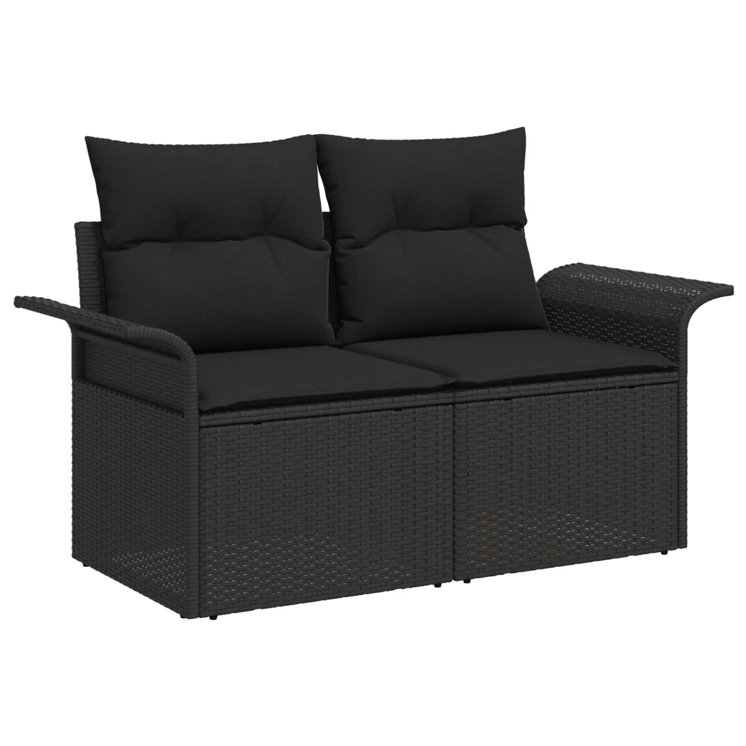Schwarzes 2-Sitzer Gartensofa aus Poly Rattan mit Kissen, Teil eines modularen vidaXL Gartenmöbel Sets.