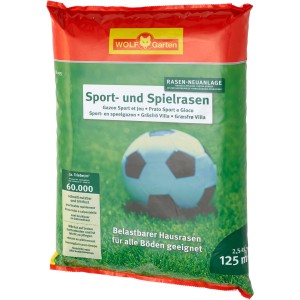 Wolf-Garten Sport- und Spielrasen LG 125, 2,5 kg Packung mit Fußball-Motiv. Strapazierfähiger Rasensamen für dichten, grünen Rasen.