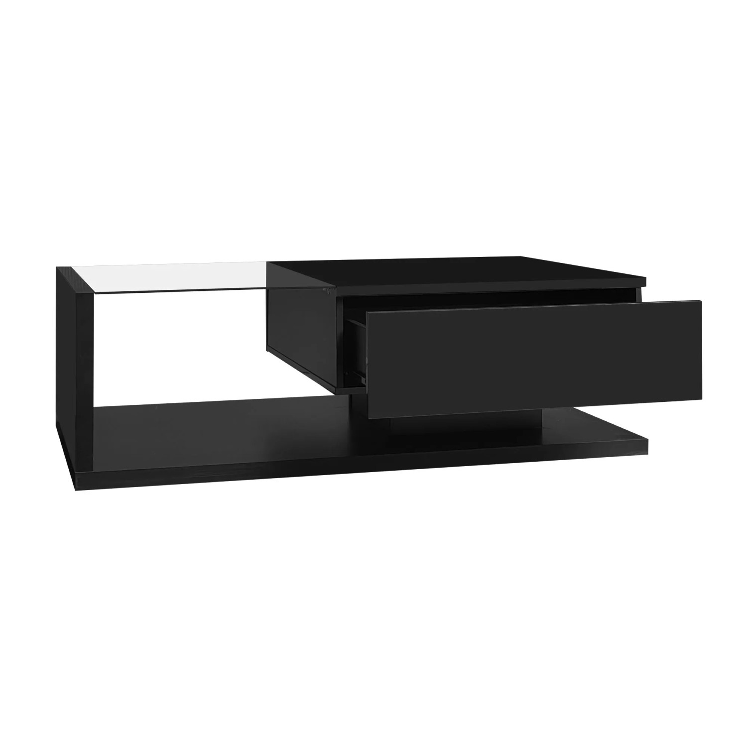 Couchtisch Schwarz Hochglanz 105x55x32 cm mit Glasplatte und Ablagefach