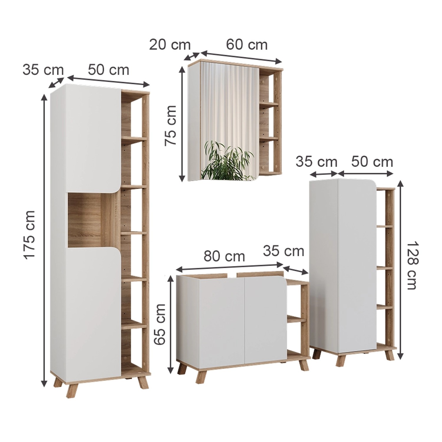 Vicco Badmöbel-Set Karen, 4-teilig, Sonoma/Weiß: Waschbeckenunterschrank, Spiegelschrank, Regal, Hochschrank.